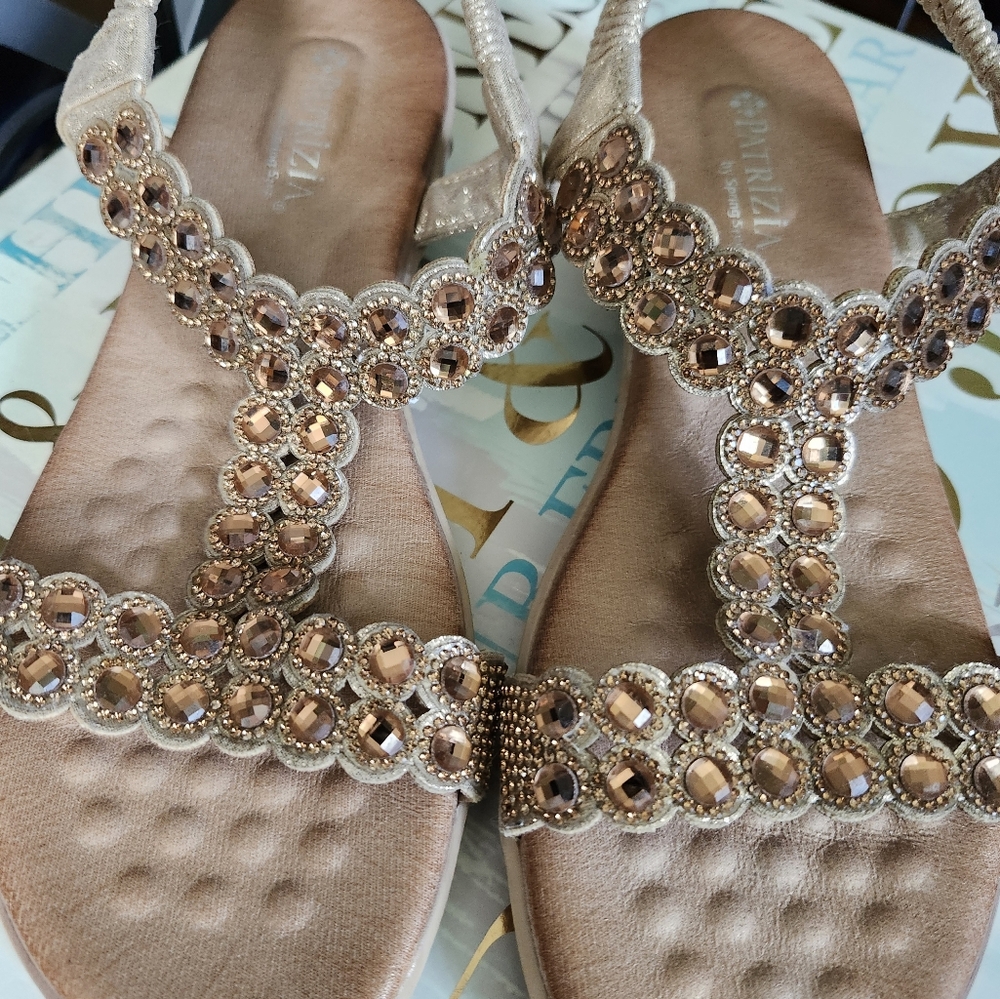 PATRIZIA Gold Sandals with T-Strap Embellishments, size 8.5 or 39.